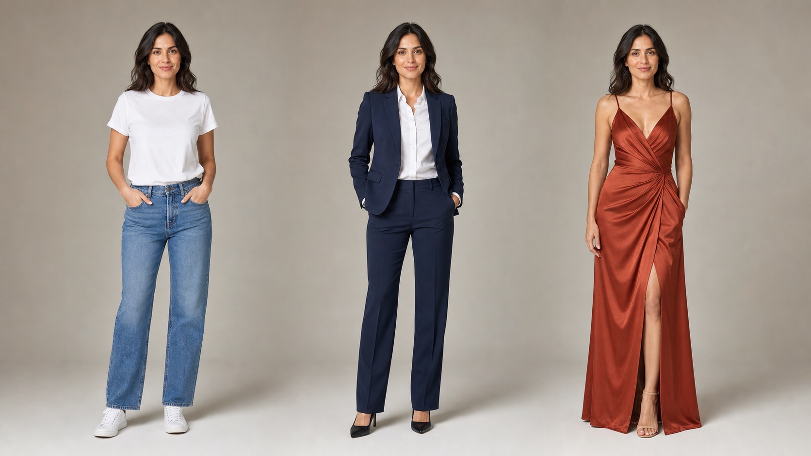 The same woman wearing casual, business, and evening outfits