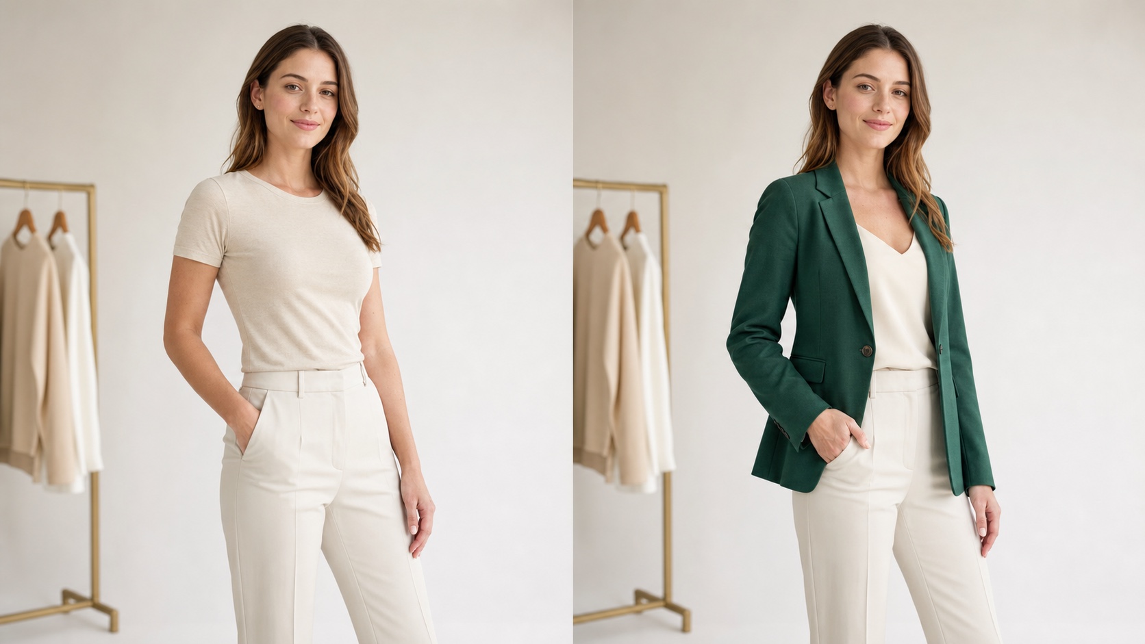 A before-and-after AI outfit swap from a neutral look to an emerald blazer