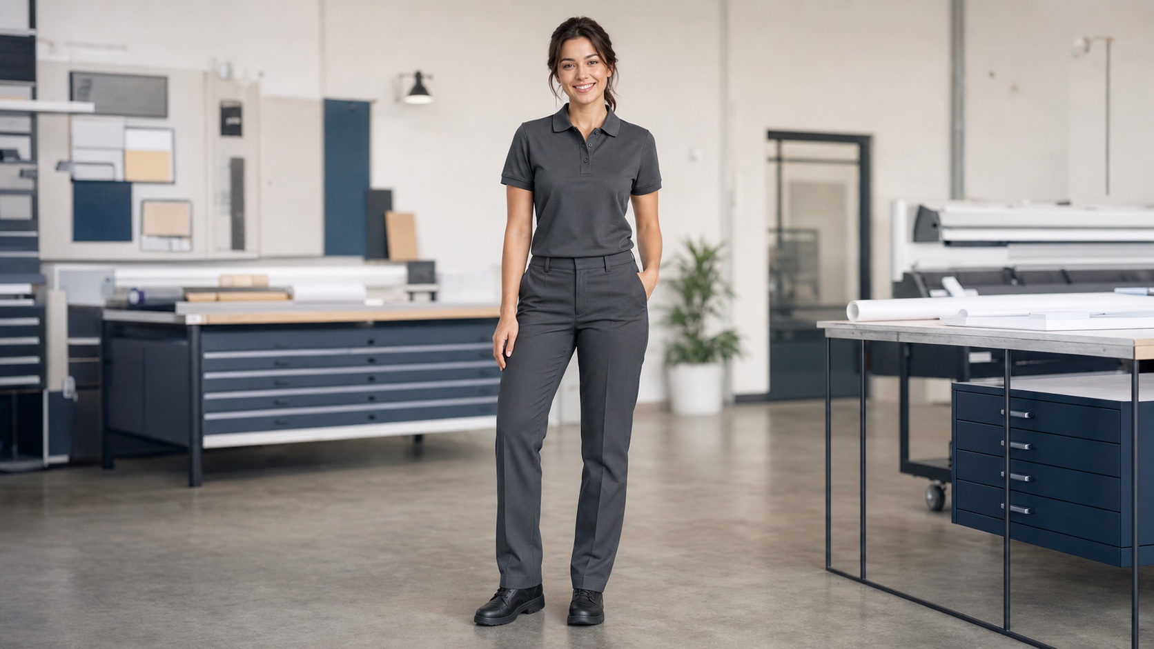 A woman wearing a charcoal polo shirt and matching professional work trousers