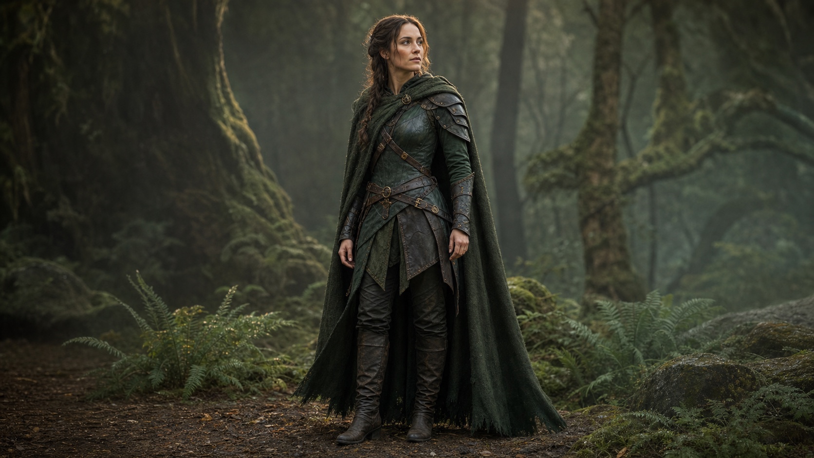 A forest guardian wearing layered green leather armor and a textured cloak