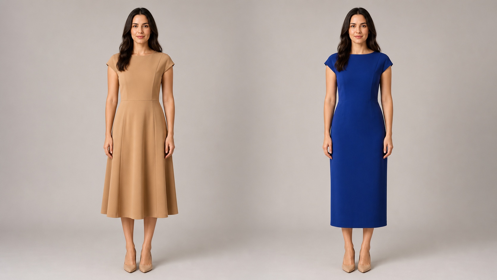 The same woman comparing a camel A-line dress and a cobalt column dress