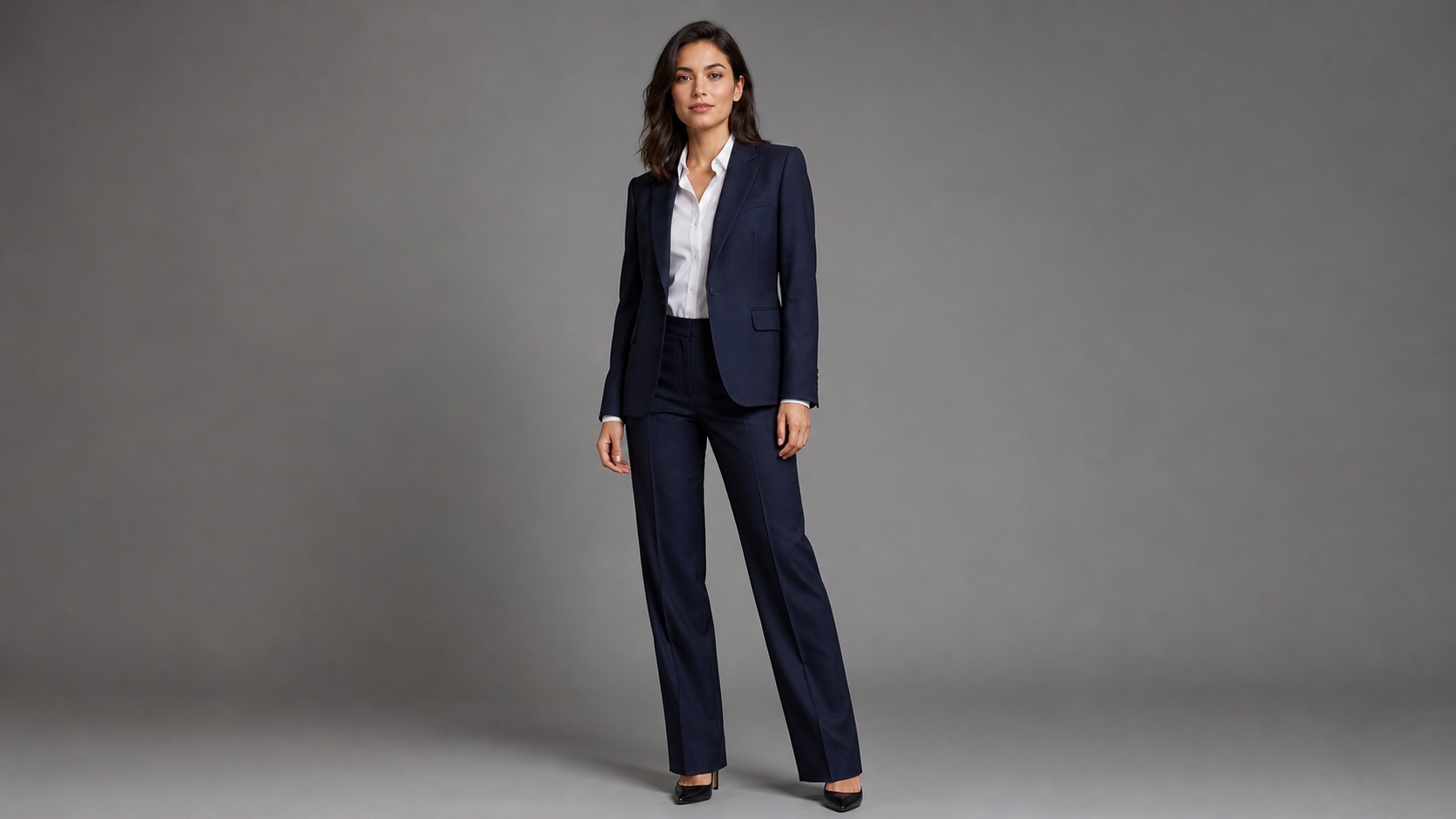 A woman wearing a tailored navy business suit and white shirt