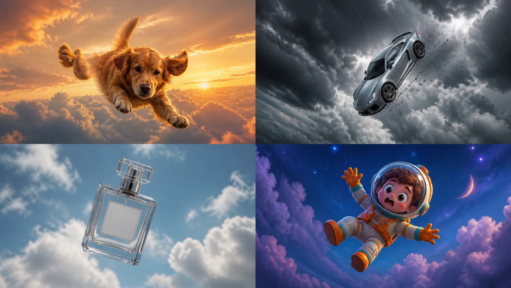 Variations de prompts pour animaux domestiques, voitures, produits et personnages de dessin animé en chute