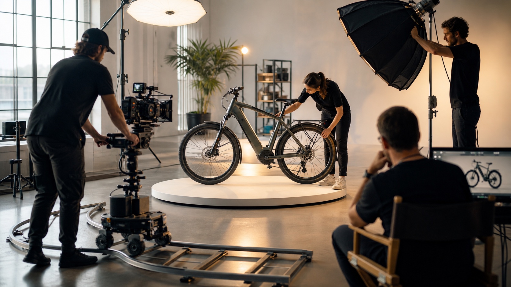 Ein helles Set für einen Produkt-Launch mit einem Elektrofahrrad, Kameradolly, Regisseur, Stylistin und Lichtcrew