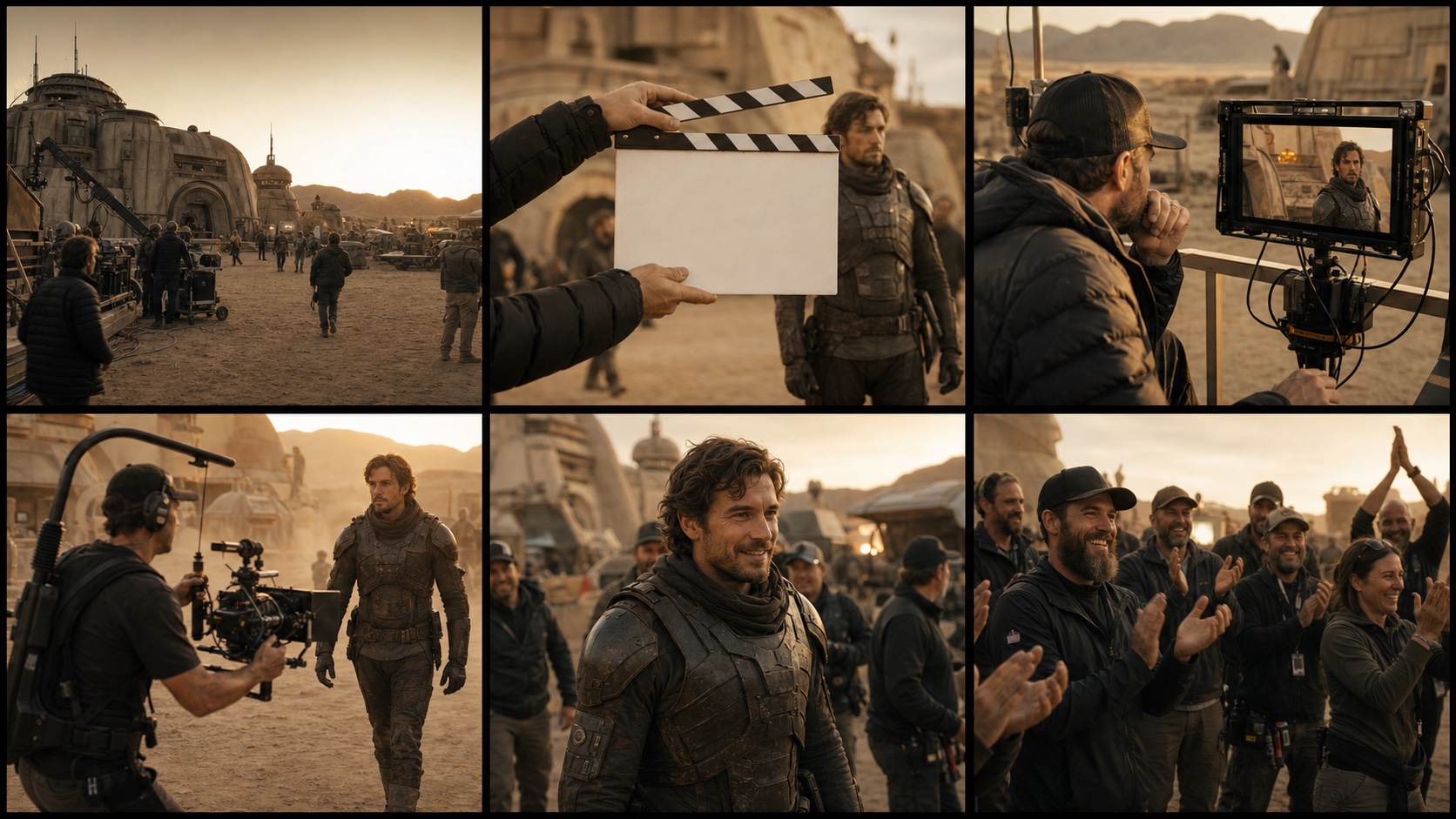 Sechs konsistente „Behind-the-Scenes“-Bilder: Einrichtung des Sets, Klappbrett, Monitor des Regisseurs, Kamera-Bewegung, ungezwungener Schauspieler, Applaus zum Abschluss