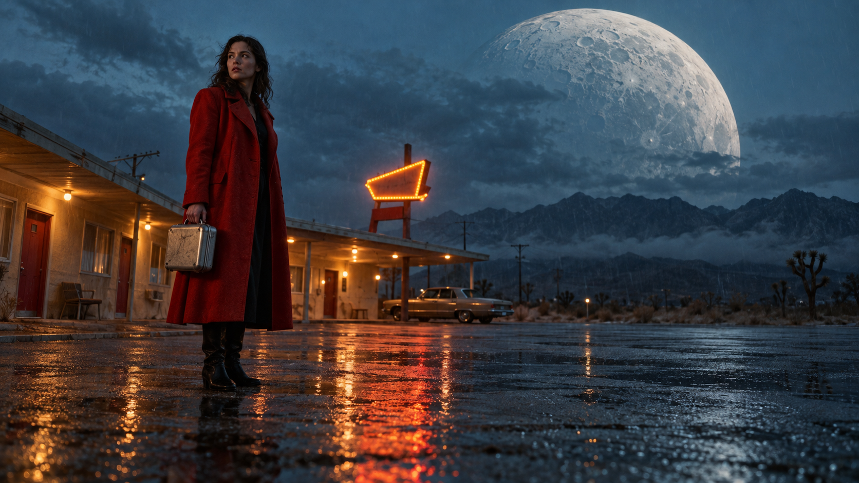Finished science-fiction motel frame with a woman in a red coat under a giant moon
