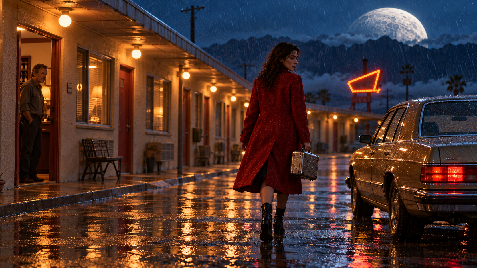 Closing motel shot with the same woman, clerk, silver case, car and weather