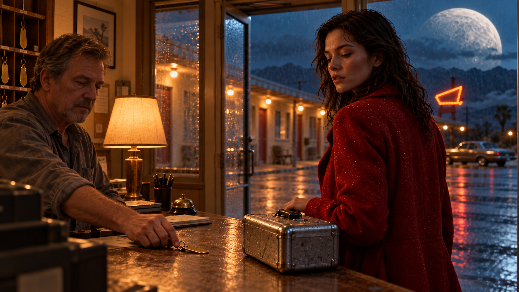 Reverse-angle motel shot preserving eyelines, prop placement and rain direction
