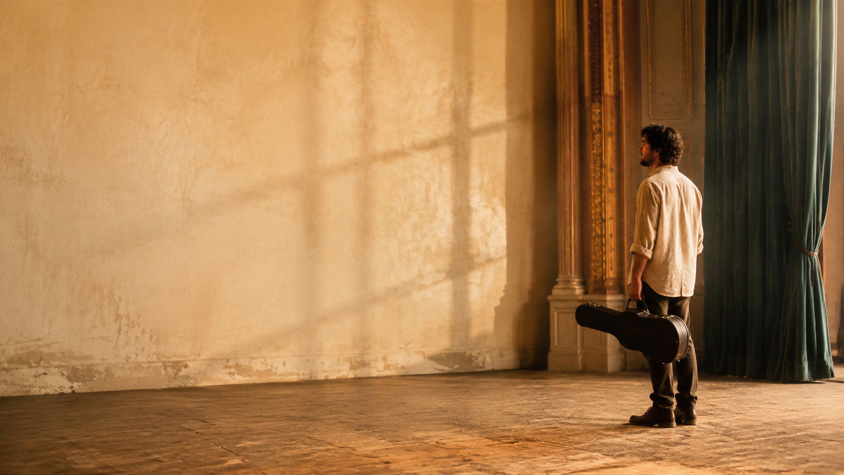 Cena teatral acolhedora com um músico à direita e espaço negativo calmo para inserção posterior de letras