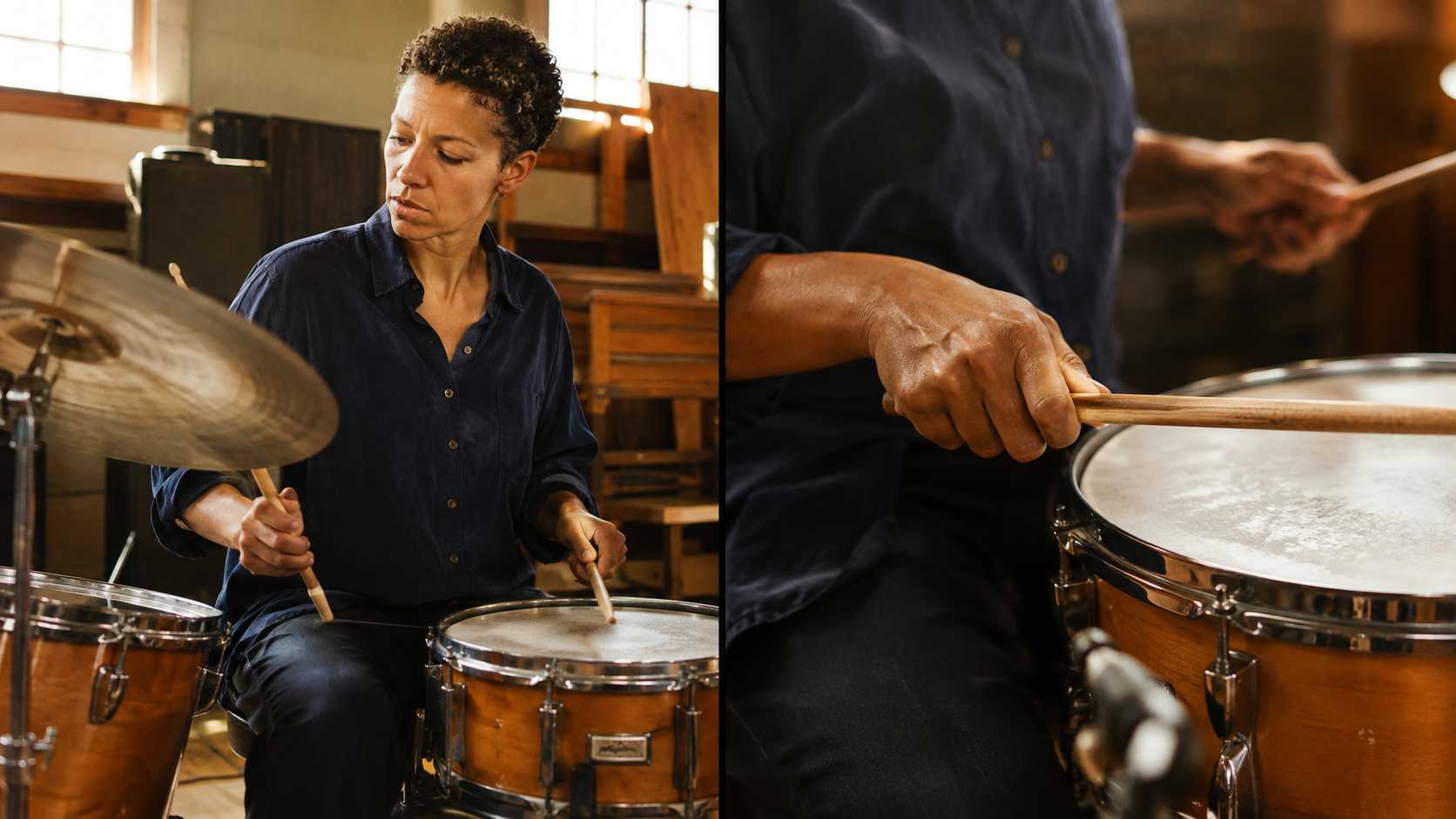 Desempenho gerado de baterista e um close correspondente em um estúdio de ensaio acolhedor