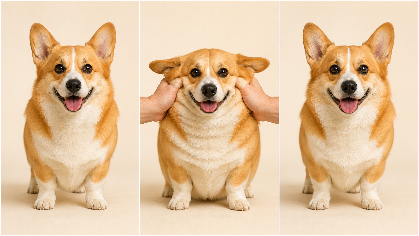 The same corgi shown before, during, and after a safe non-destructive squish