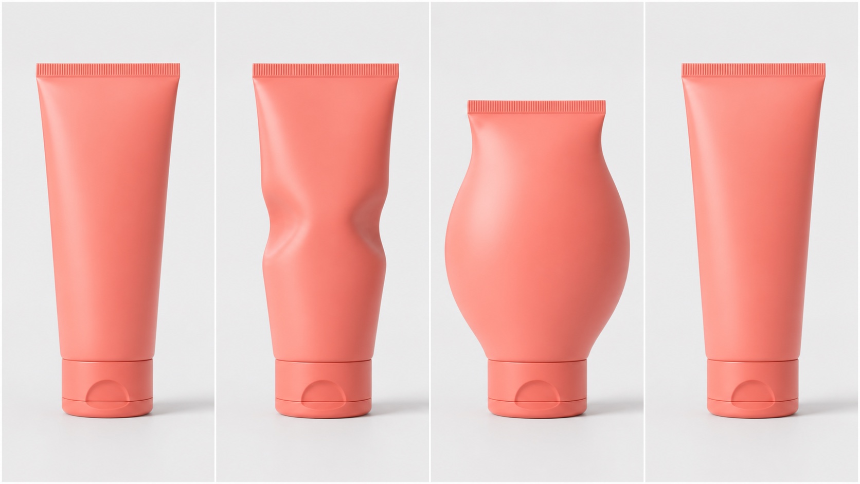 An unbranded cosmetic bottle moving through normal, compressed, maximum deformation, and restored stages