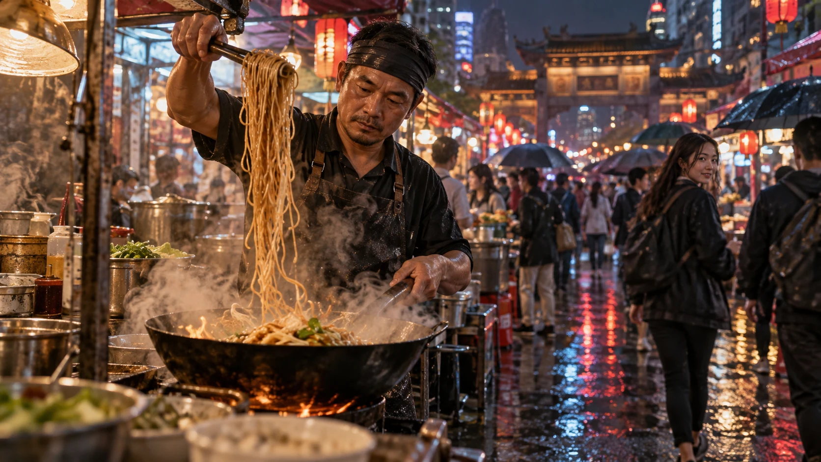 Cuisinier de street food et marché nocturne complexe, utilisés pour tester la continuité du mouvement et de l’environnement