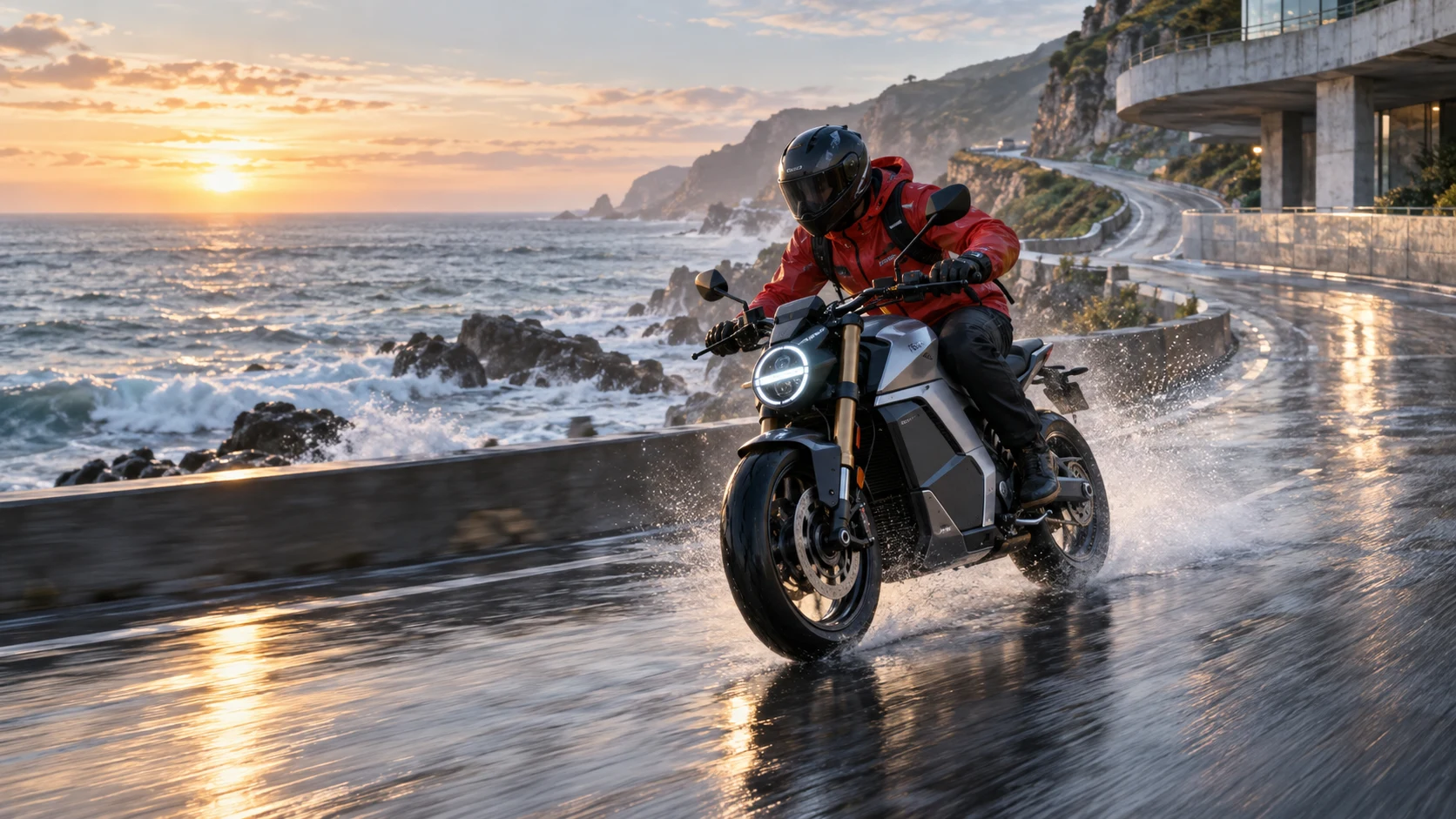 Moto traversant une route côtière éclairée par la pluie, test exigeant de mouvement