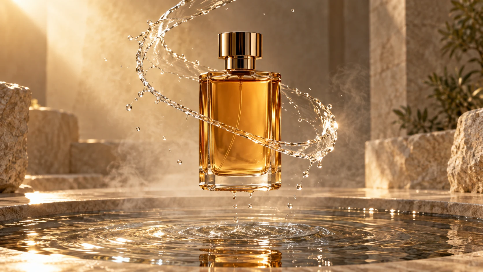 Flacon de parfum non marqué, avec géométrie du verre préservée et eau en mouvement