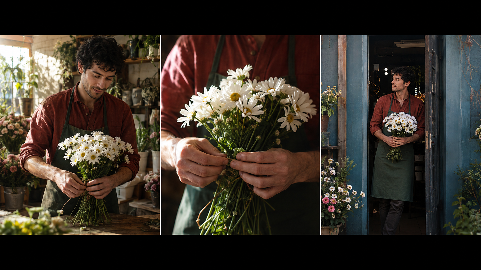 Secuencia generada de una florista con camisa marrón oxidado consistente, delantal verde y flores blancas en tres composiciones diurnas