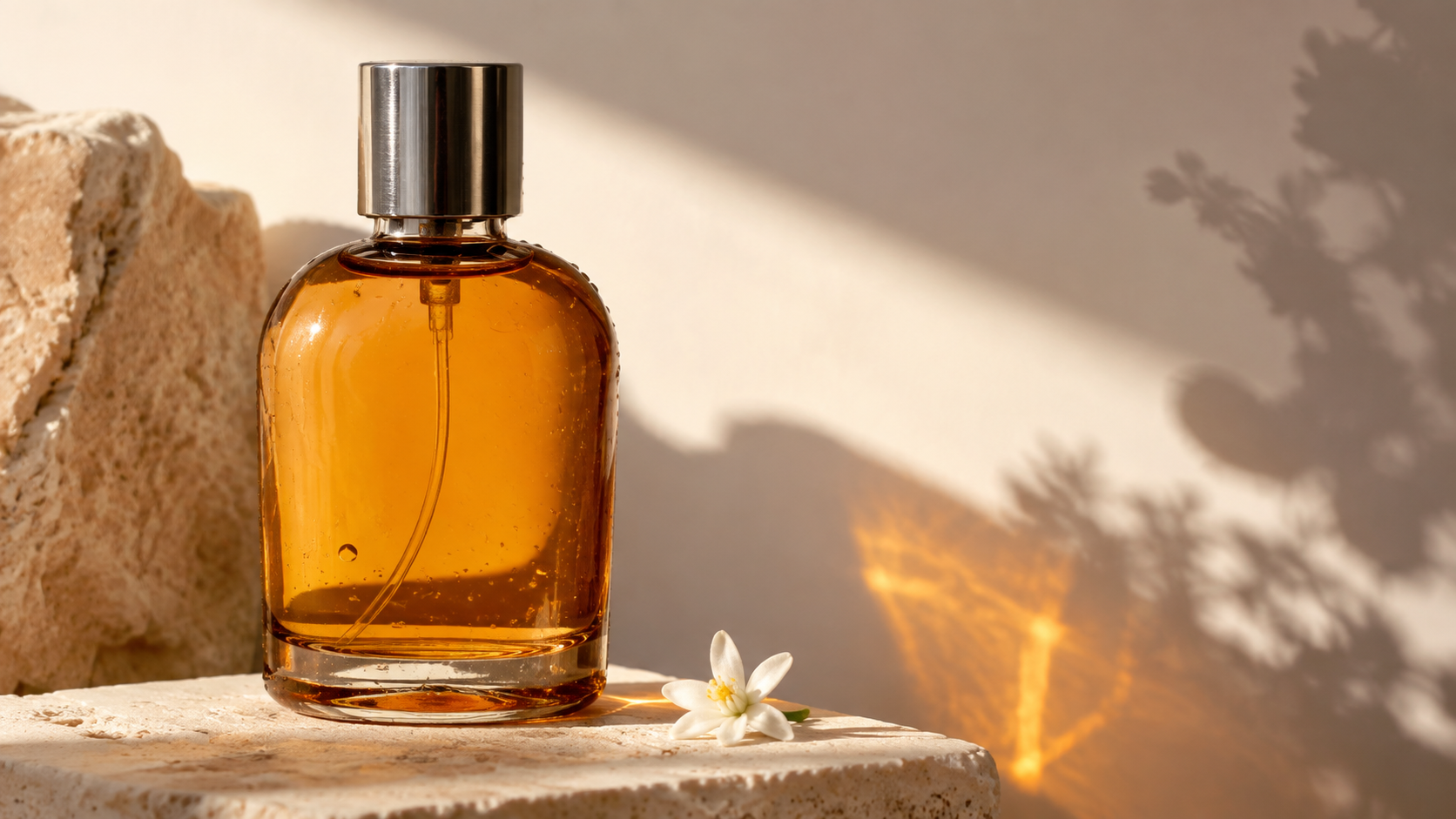 Imagen fija comercial generada de una botella de perfume ámbar con tapón plateado, azahar y luz cálida refractada