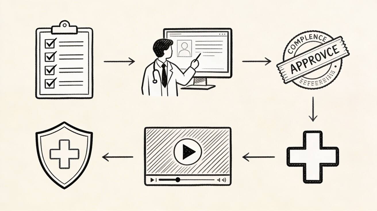 Healthcare video compliance and medical training illustration showing proper review and documentation workflow