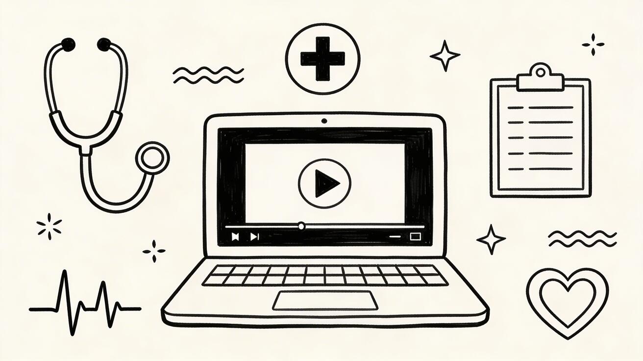 Doodle-Illustration zur KI-Videogenerierung im Gesundheitswesen, die automatisch erstellte medizinische Schulungsvideos und Patientenaufklärungsinhalte zeigt