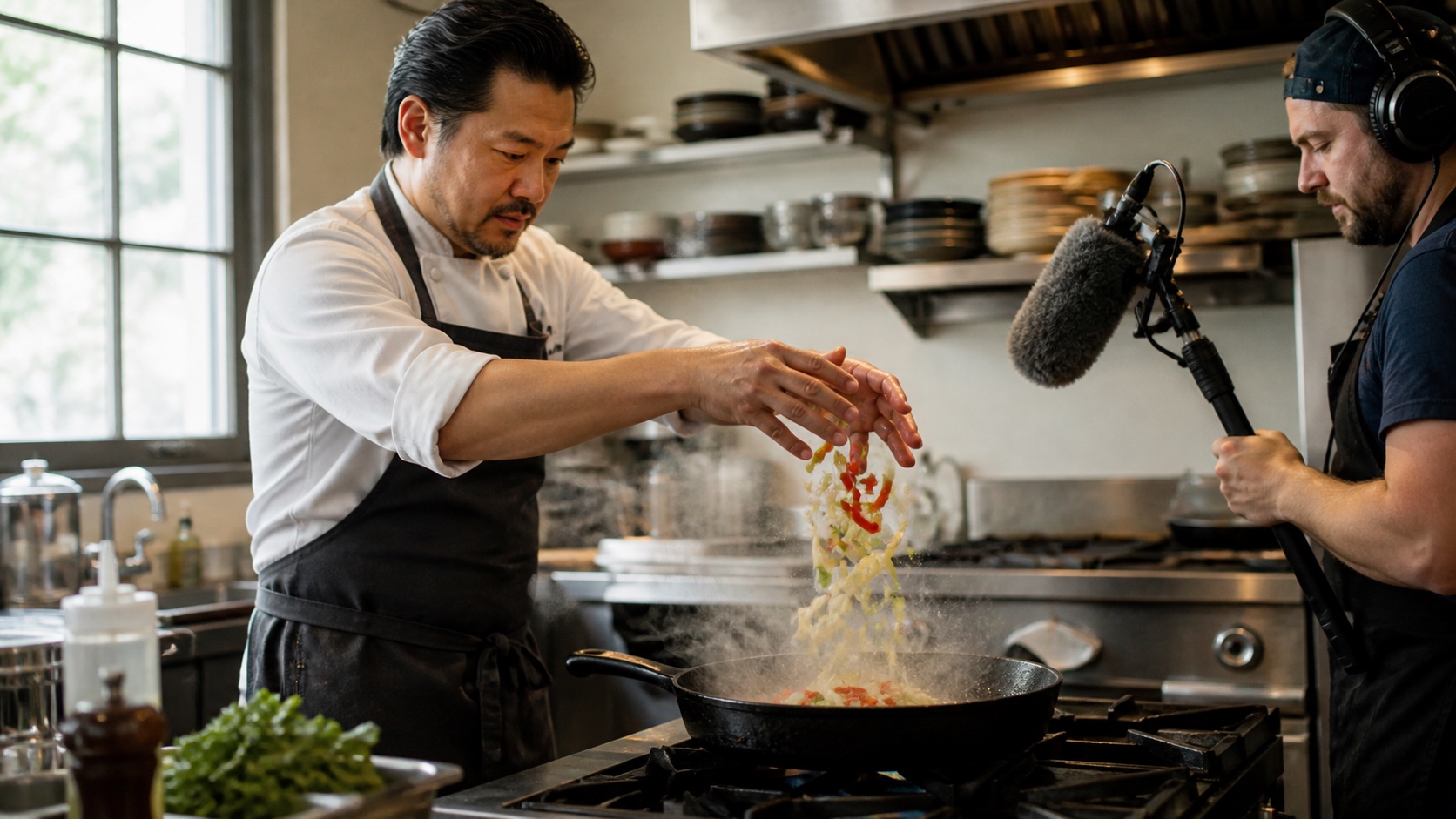 Chef soltando legumes em uma frigideira quente enquanto a tomada é gravada para um teste de sincronização entre ação e som