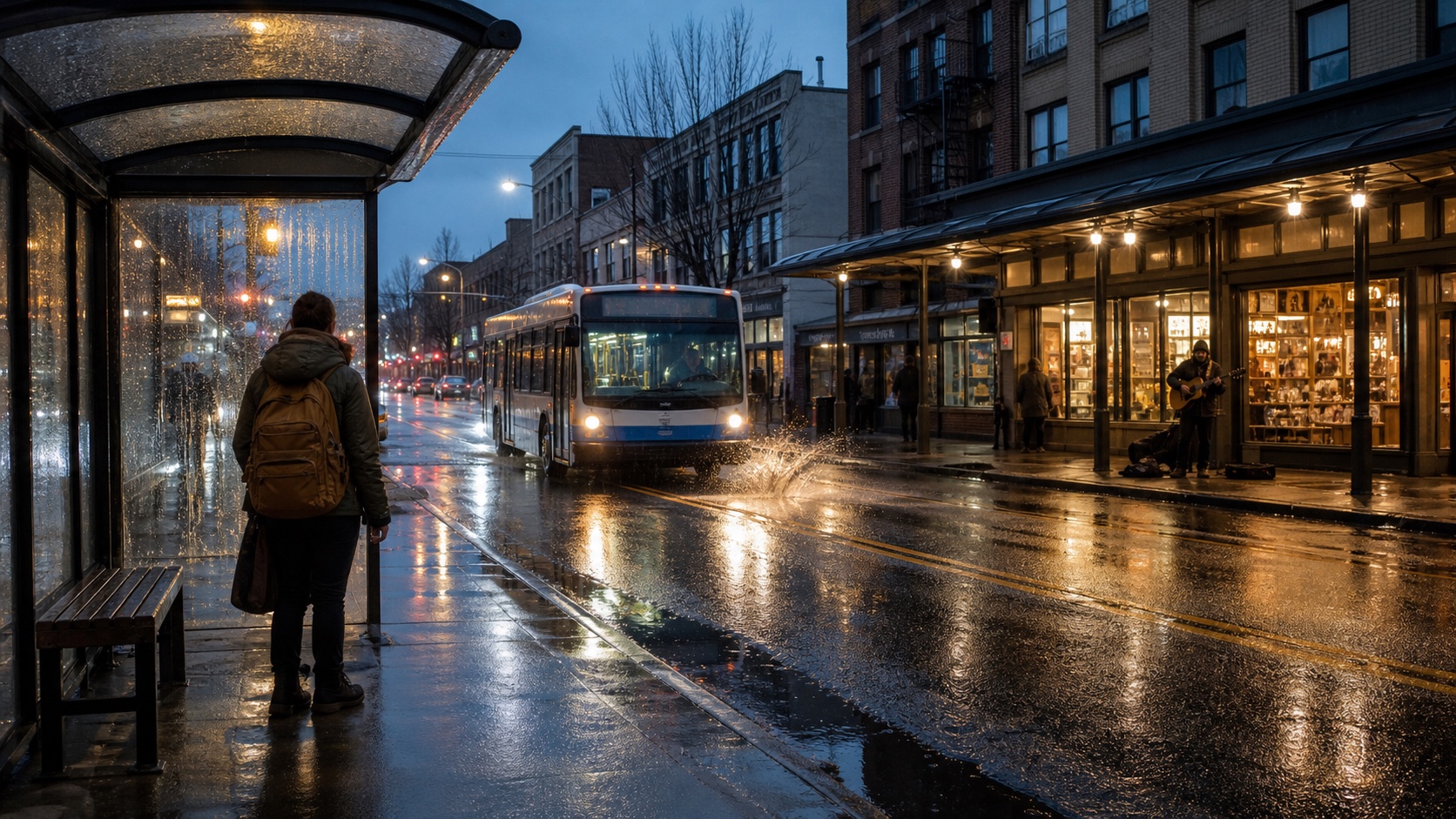 Ponto de ônibus chuvoso com um ônibus se aproximando, respingo em poça e músico de rua distante para um teste de continuidade ambiental