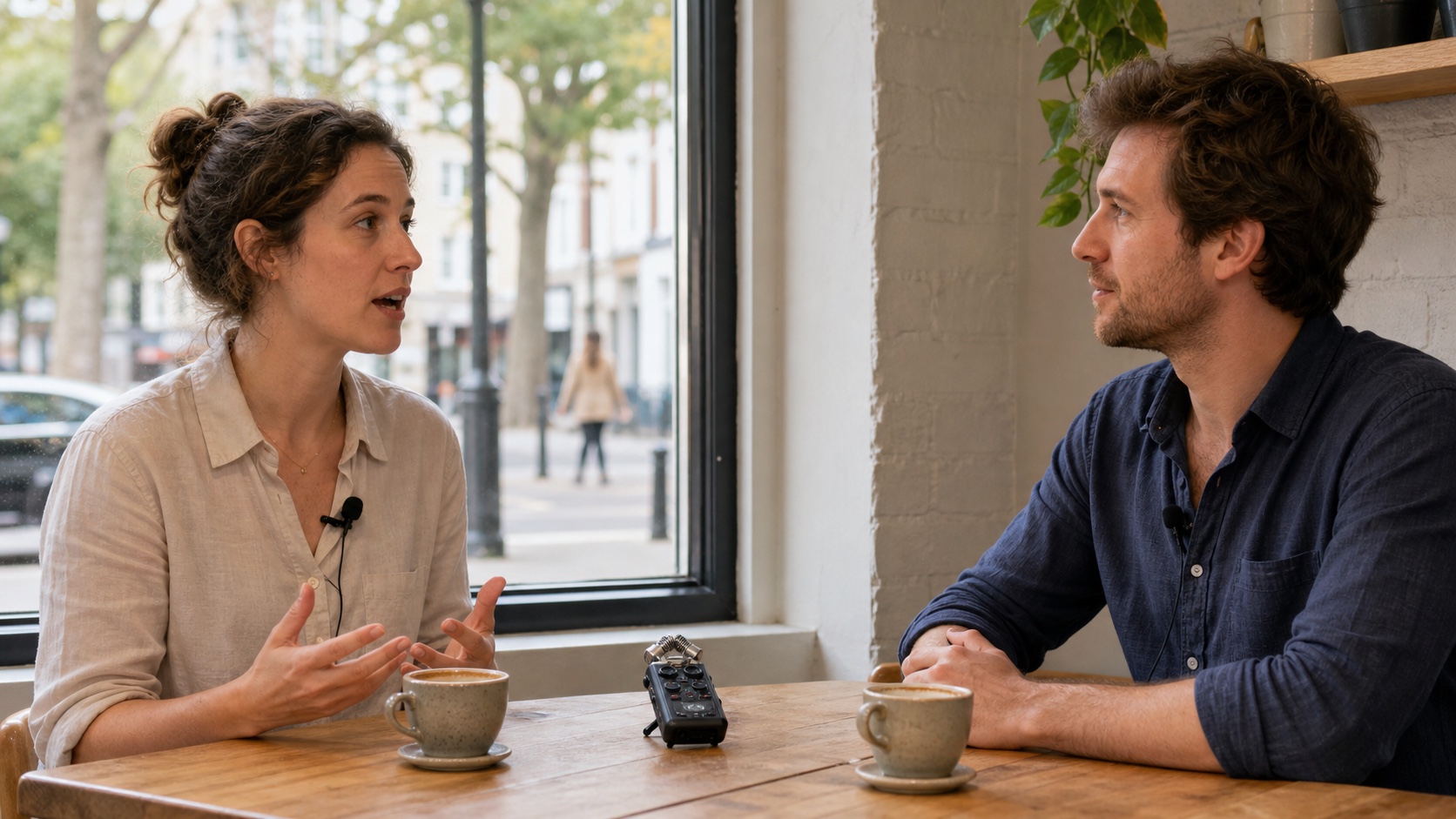 Two coworkers recording a natural cafe conversation for an AI dialogue and lip-sync test