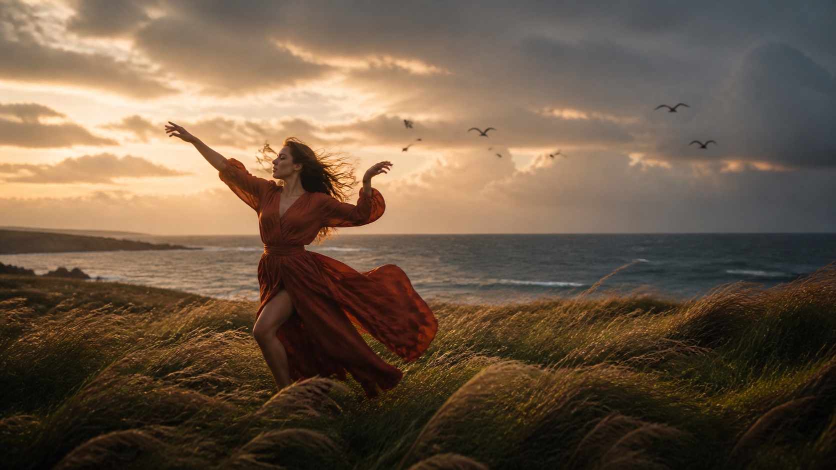Music-aware environmental video benchmark: a dancer moving through windswept coastal grass at dusk