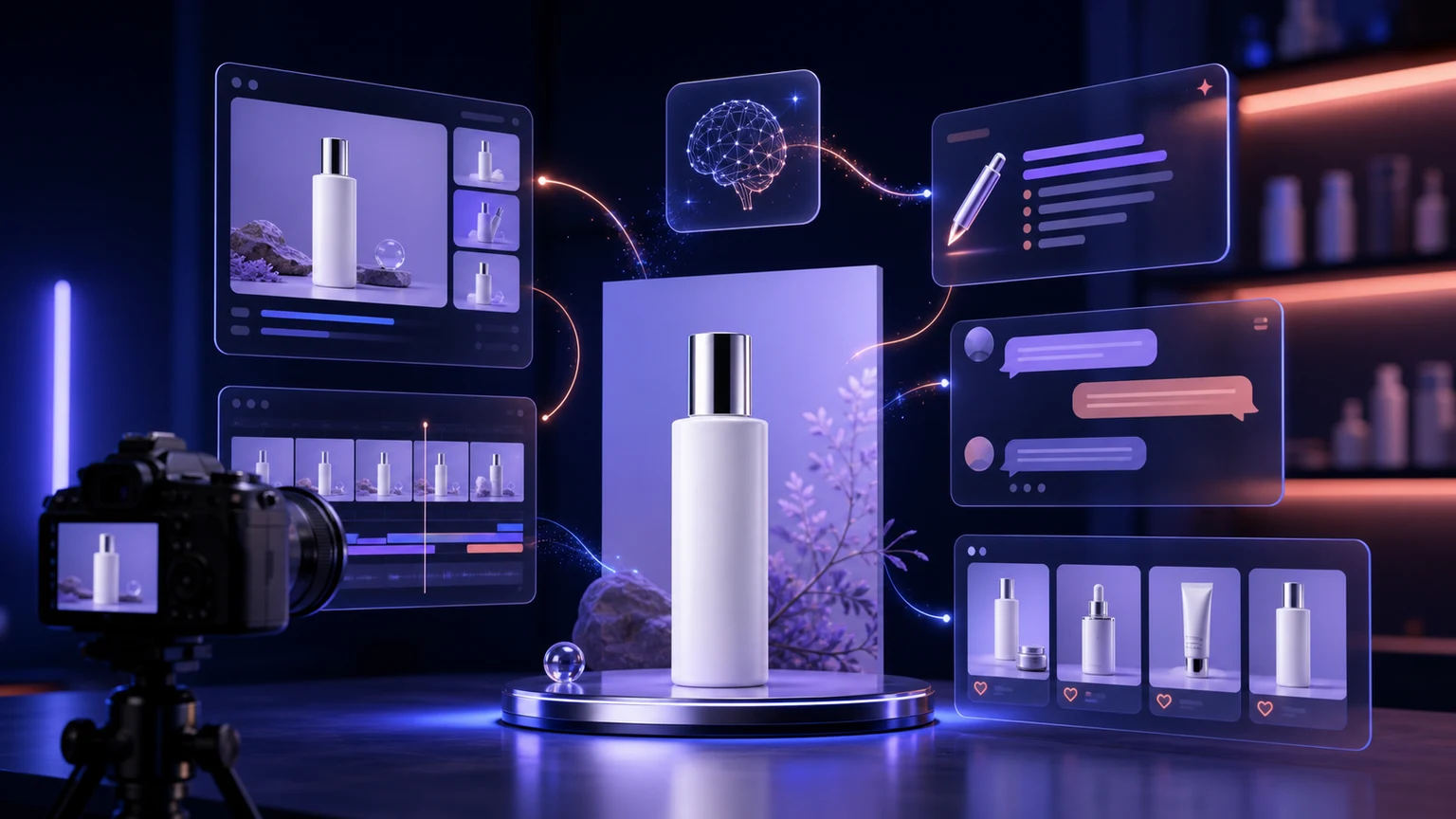 Un espace de travail IA ecommerce connectant photographie produit, vidéo, rédaction, support et recommandations autour d'un produit de soin