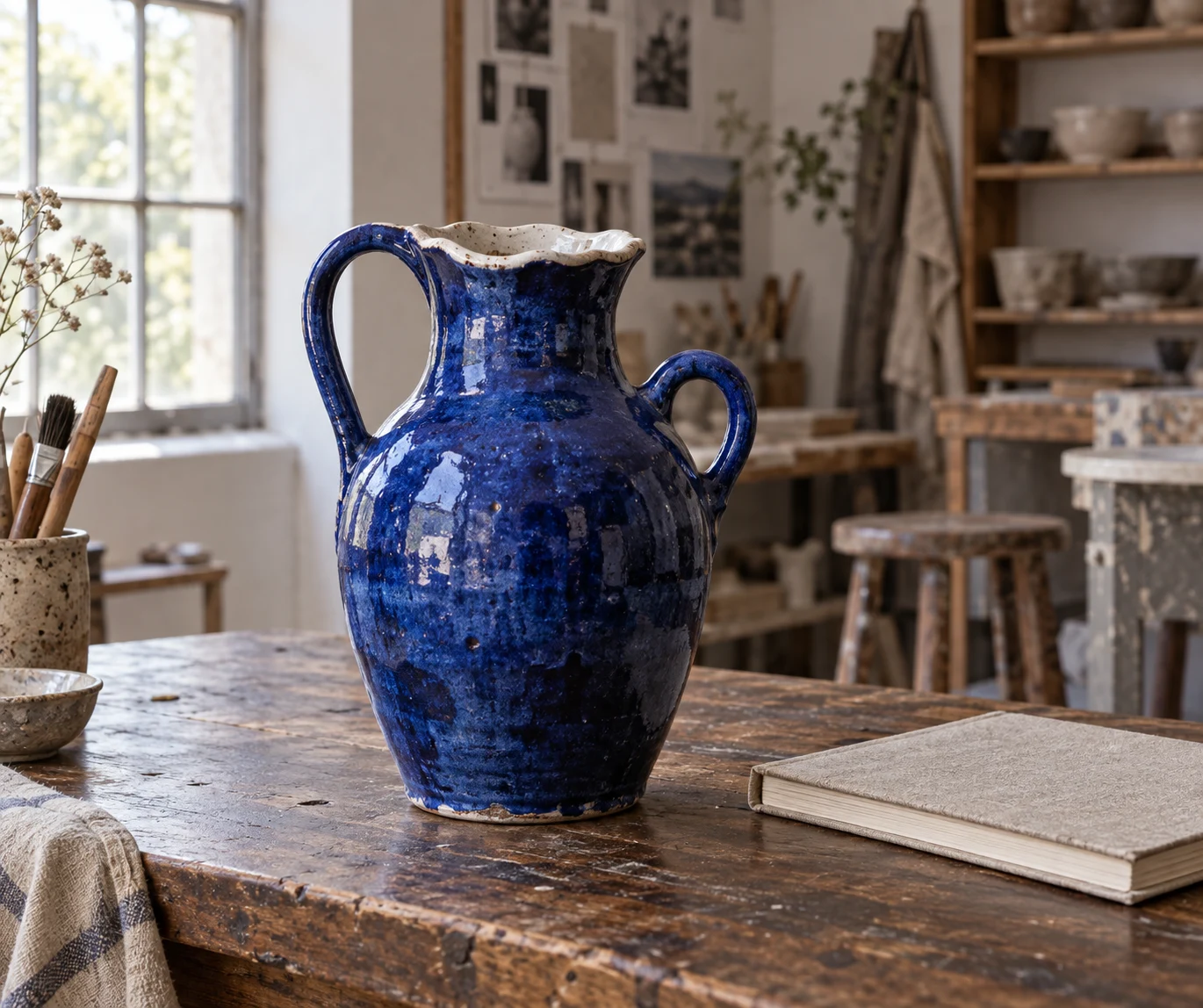 Illustrative blue ceramic vase on a workshop table