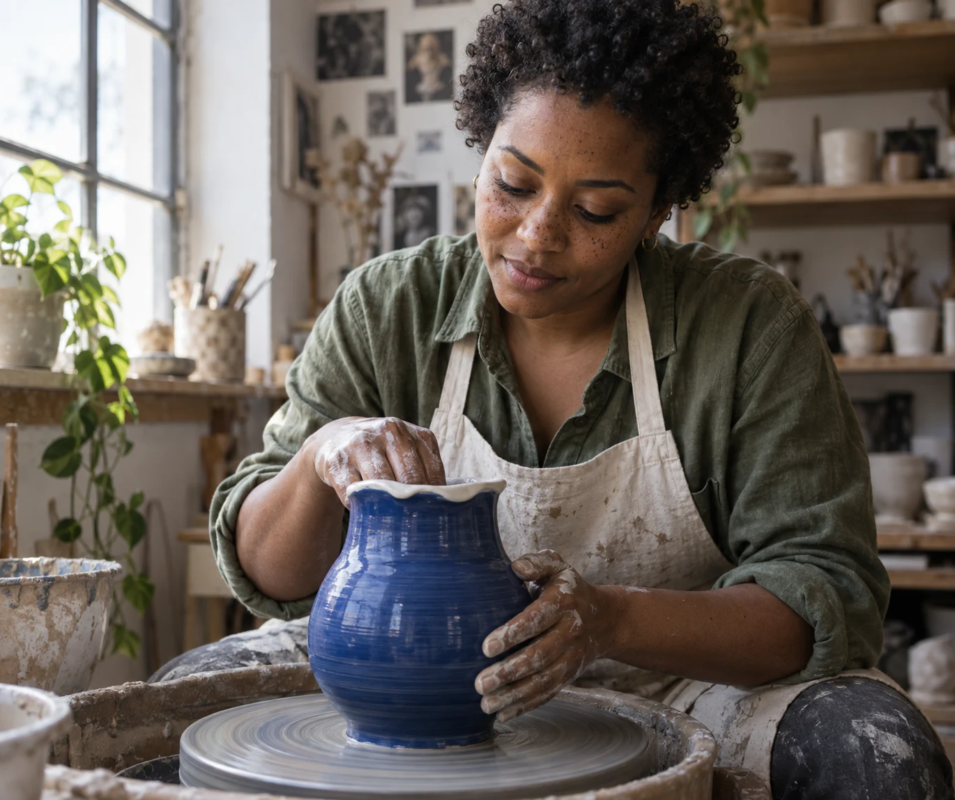 Illustrative close frame of a ceramic artist shaping a blue vessel