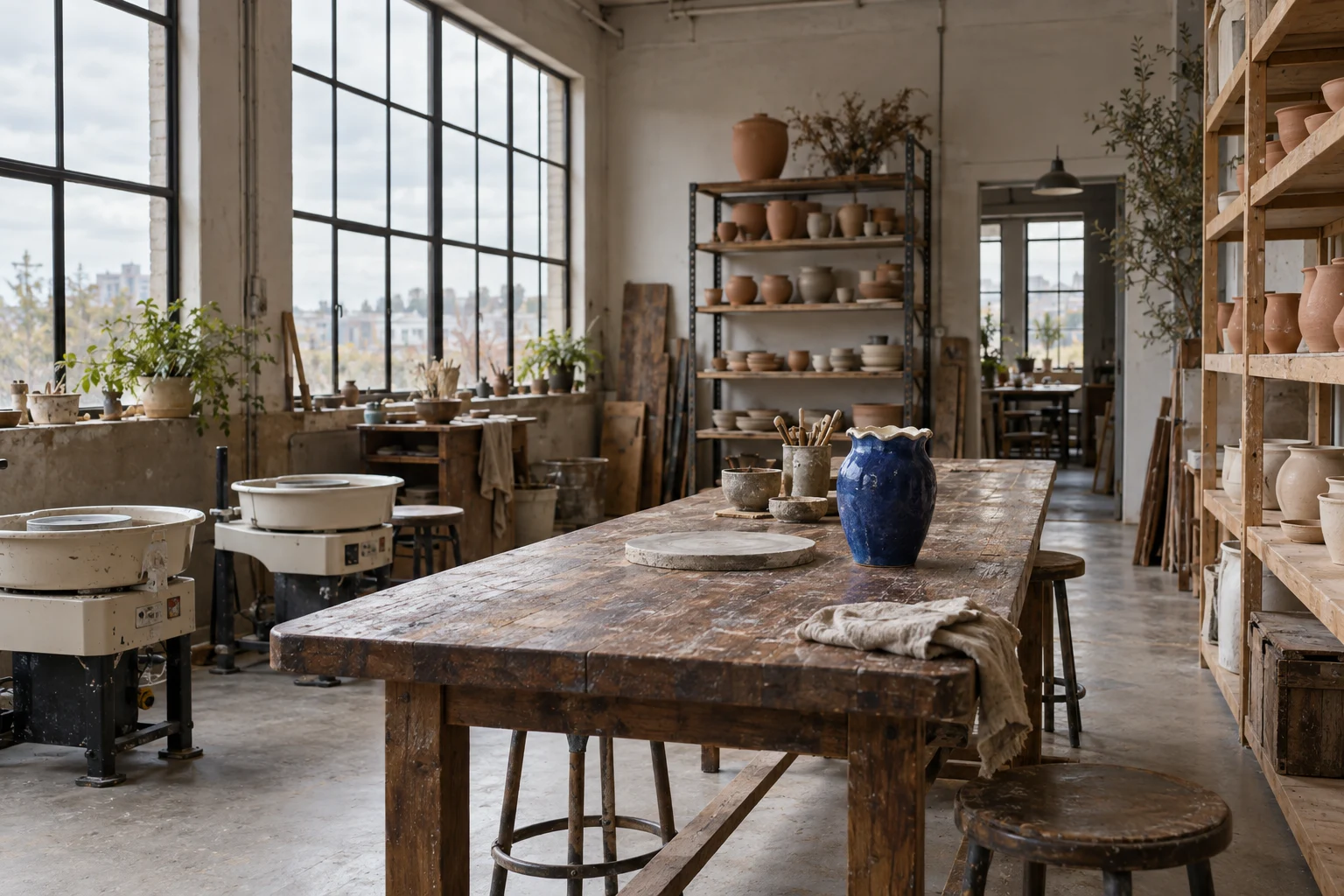 Illustrative wide view of a pottery workshop with a blue vase on the table