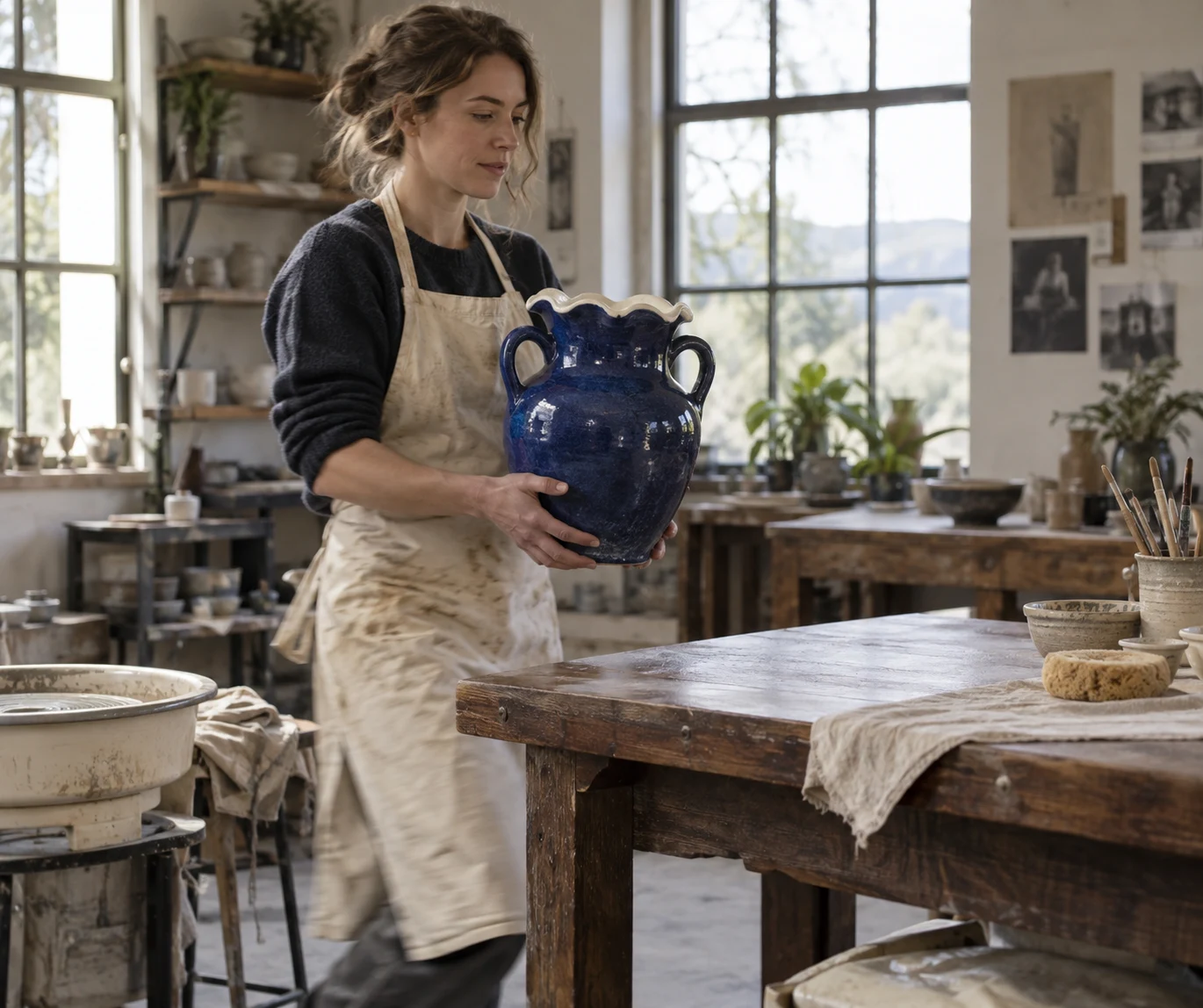 Illustrative moving-action frame of a potter carrying a blue vase