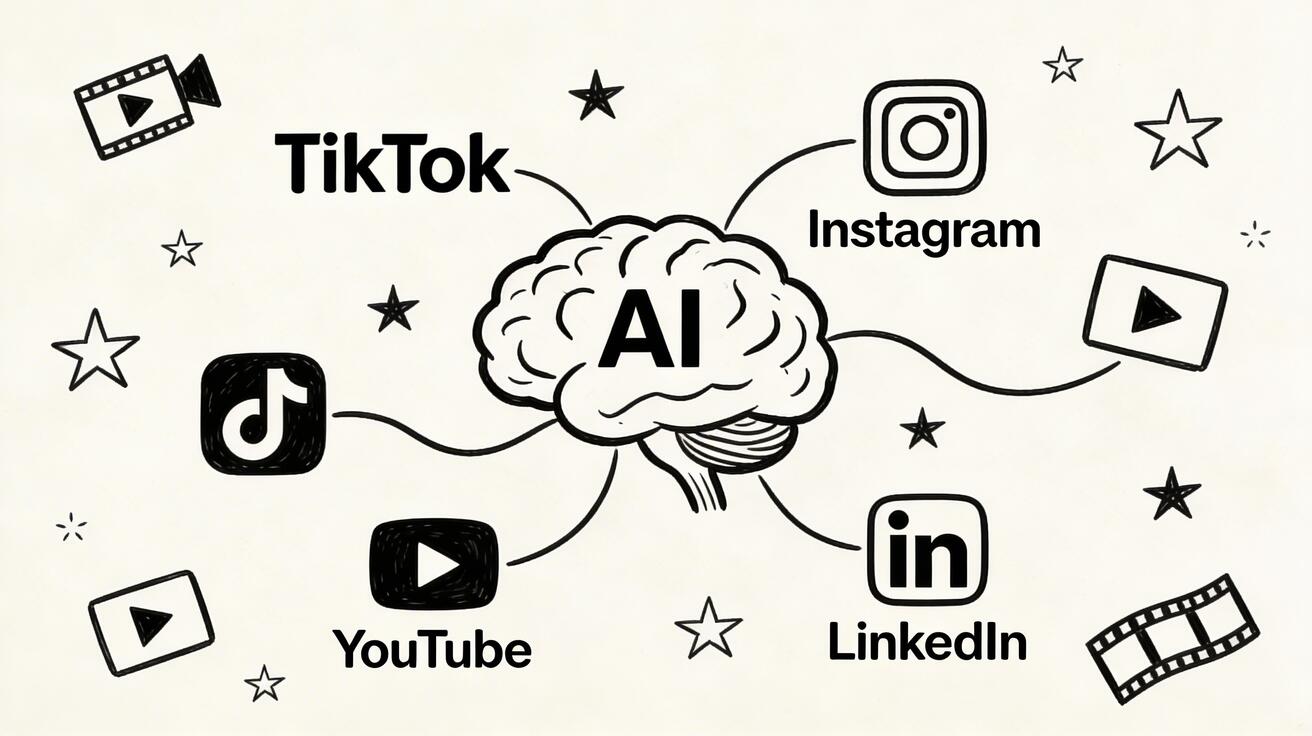 KI-Videogenerator für Social Media – handgezeichnete Doodle-Illustration mit Social-Media-Icons und KI-Gehirn