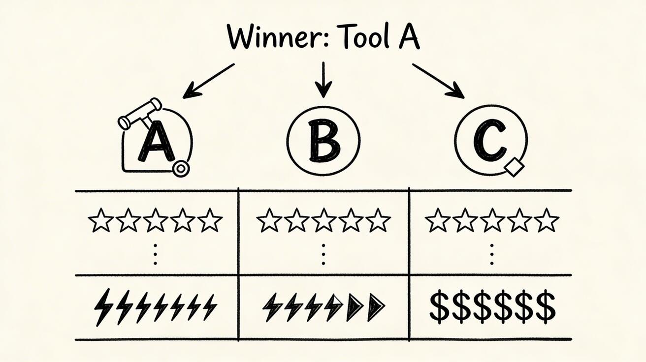 Vergleichsdiagramm der besten KI-Videogeneratoren für Social Media – Doodle-Illustration