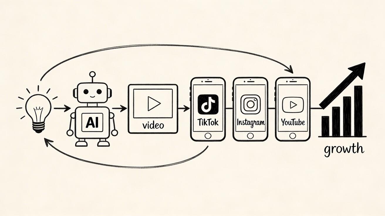 Social-Media-Content-Workflow mit KI-Videogenerierung – schrittweise Doodle-Illustration
