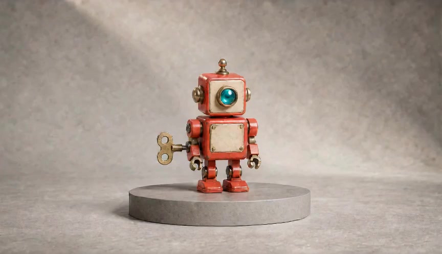 フォーカスされたAIビデオジェネレーターによるカメラ・オービットテストのための、ターンテーブル上の単一のゼンマイ式ロボット