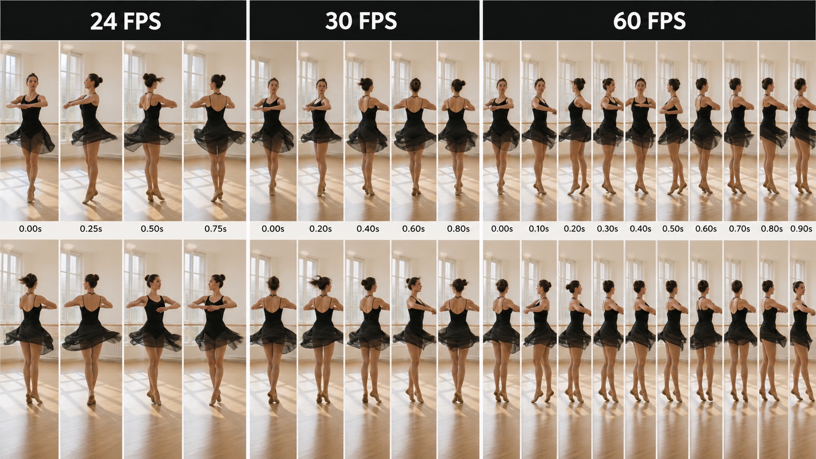 A frame-by-frame comparison of the same dancer at 24, 30, and 60 FPS