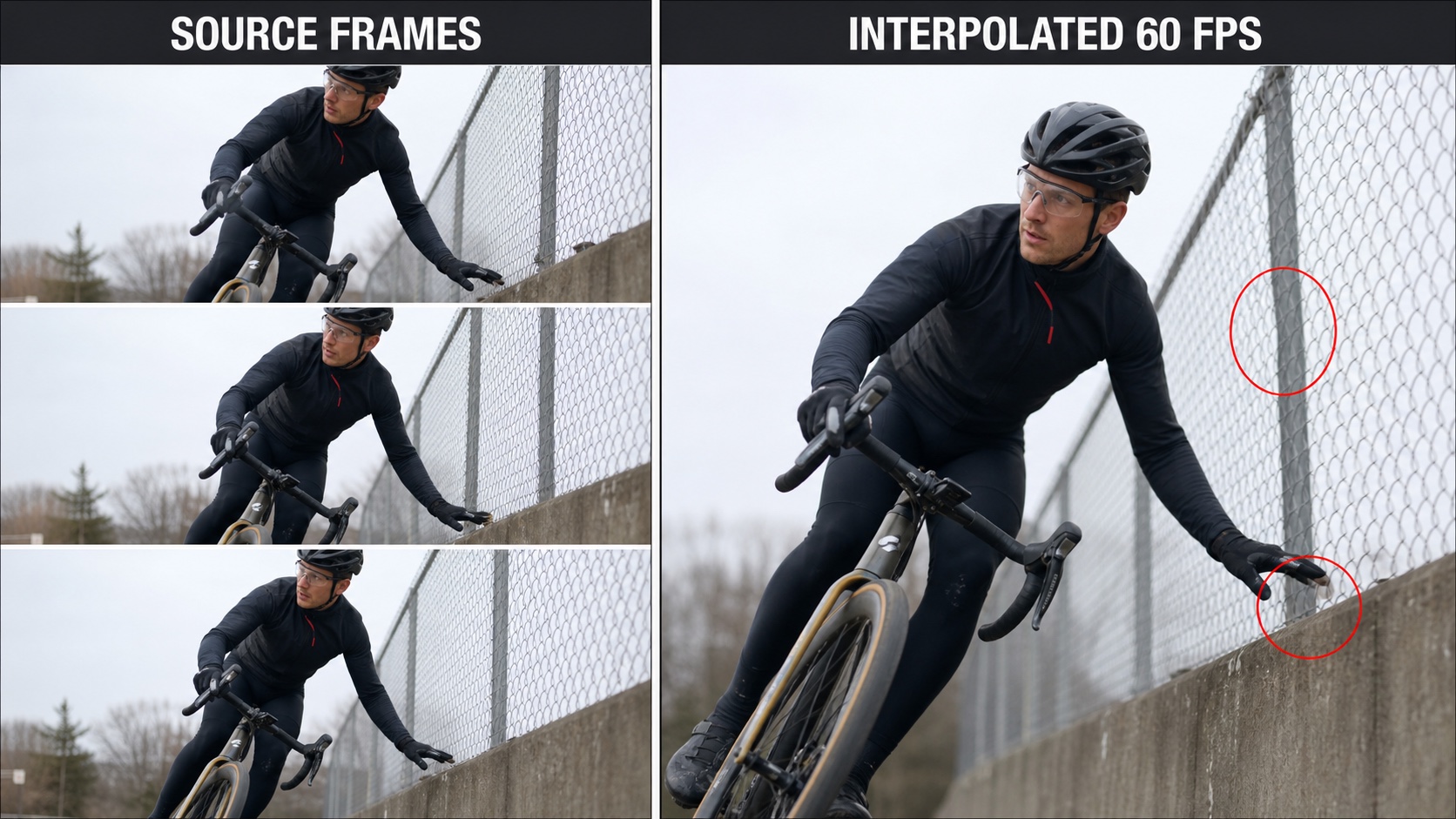 Source frames compared with interpolated 60 FPS footage, highlighting a warped fence and doubled fingertip