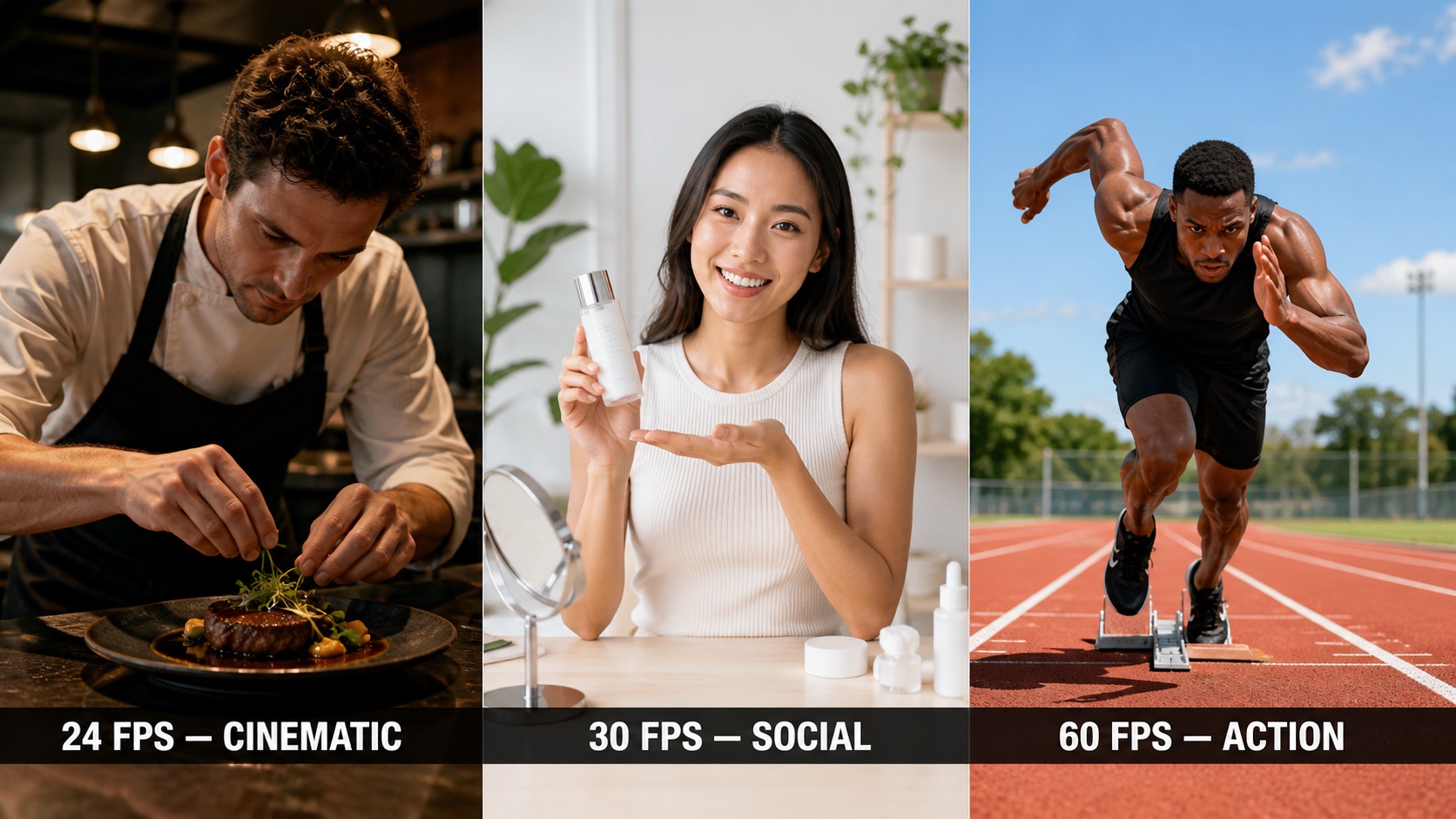 Three practical frame-rate use cases: cinematic food, social product presentation, and sports action
