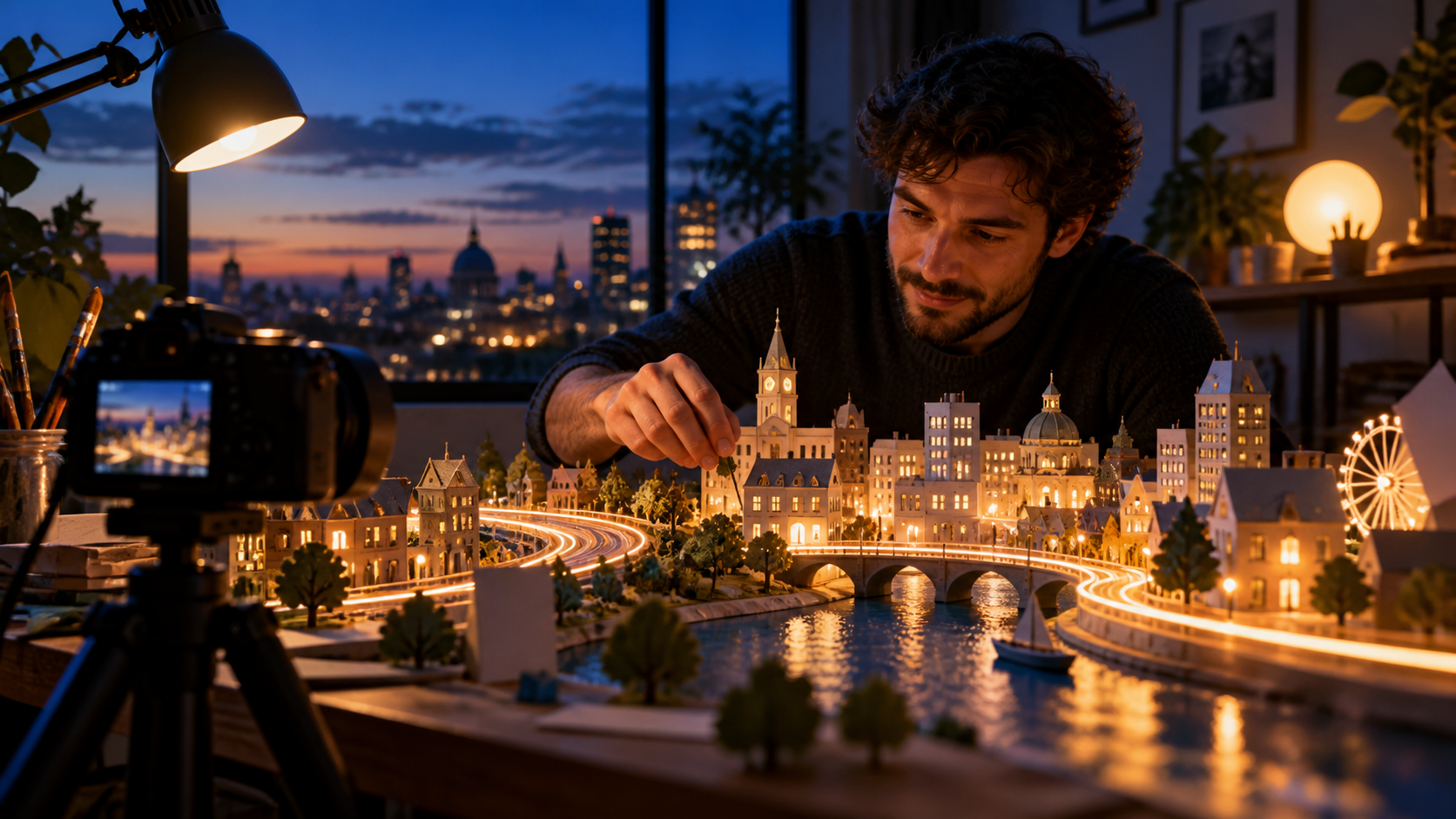 A creator filming a miniature city as a polished short-video concept