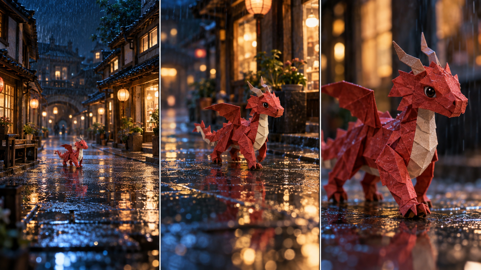 The same paper dragon shown across wide, medium and close frames