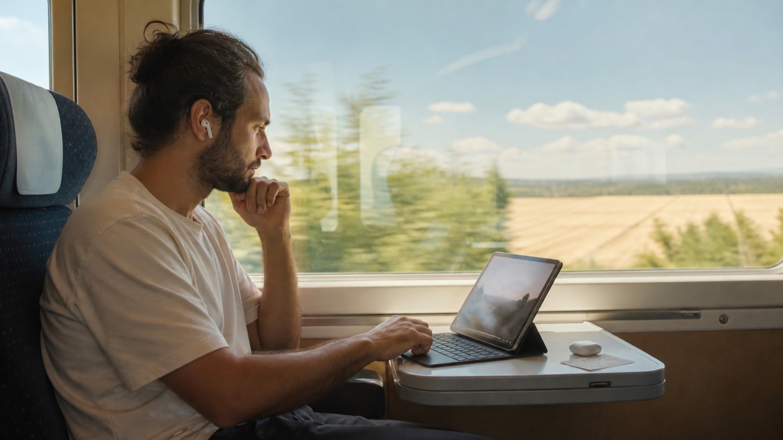 明るい昼下りの電車内にて、ブラウザベースのビデオワークスペースを活用するクリエイター