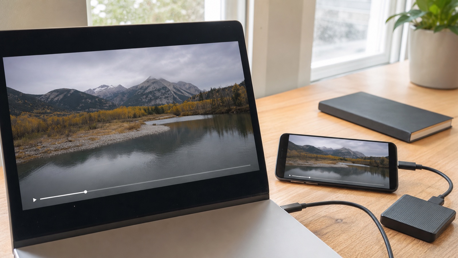 La même vidéo paysage en lecture simultanée sur un ordinateur portable et un smartphone connecté pendant un examen multi-appareils