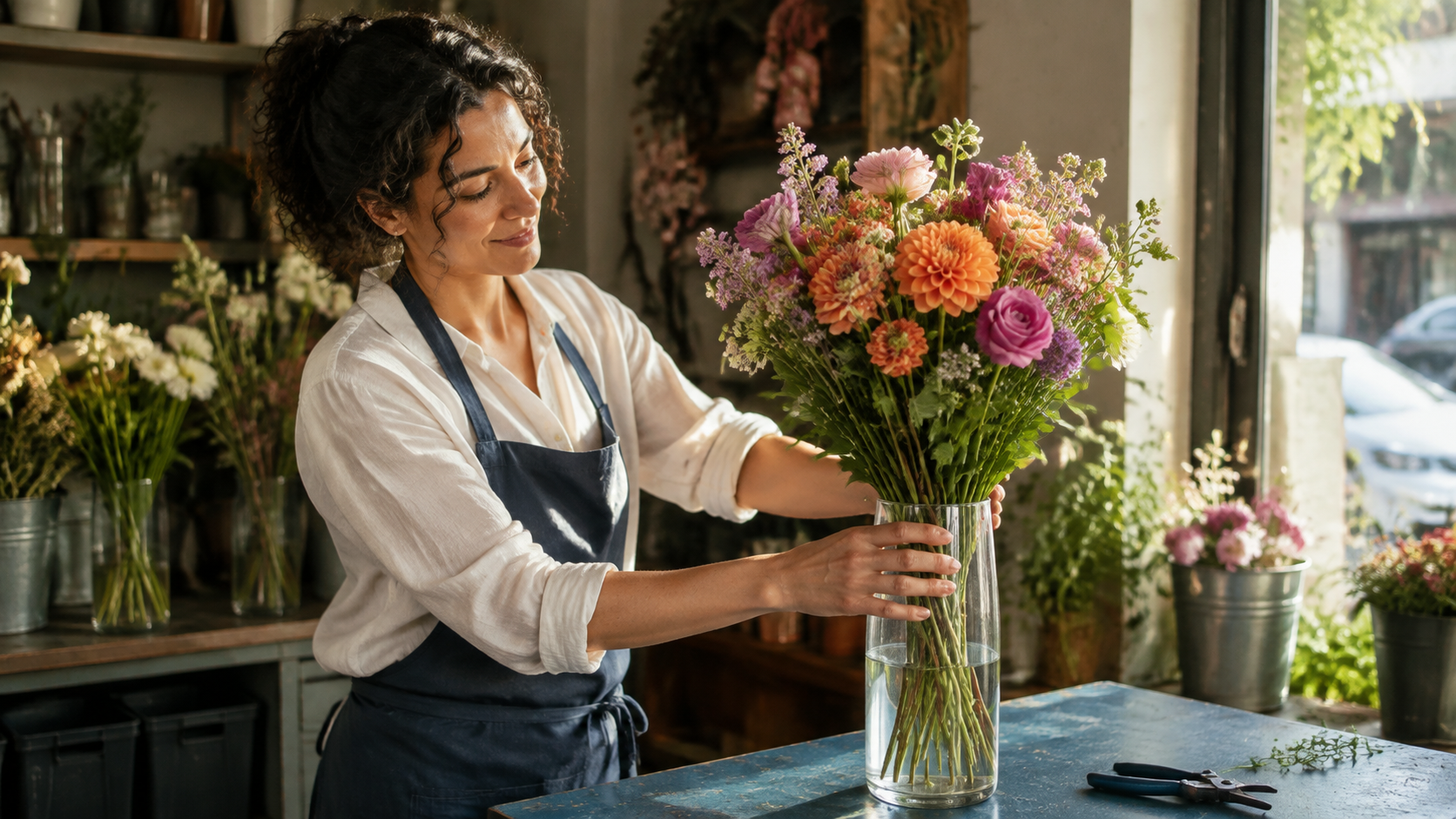 Ilustración original de la escena final: una florista colocando un ramo en un jarrón
