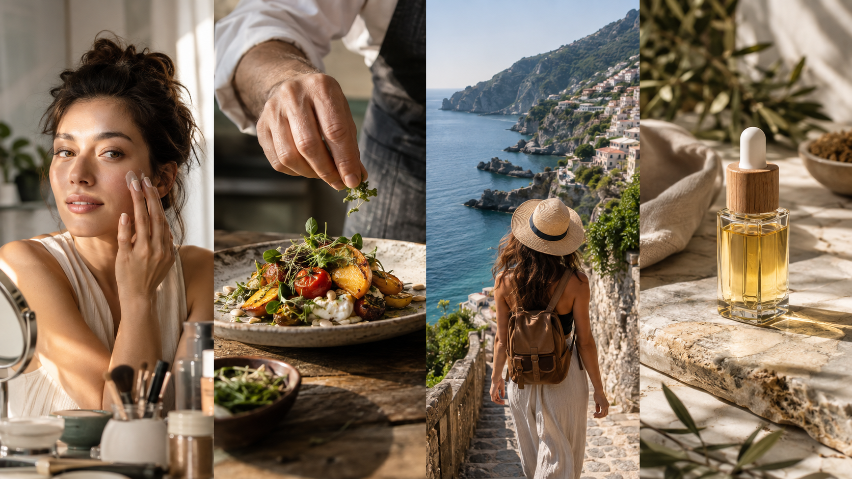 Four polished vertical video outcomes: a product ad, creator clip, food commercial and travel scene