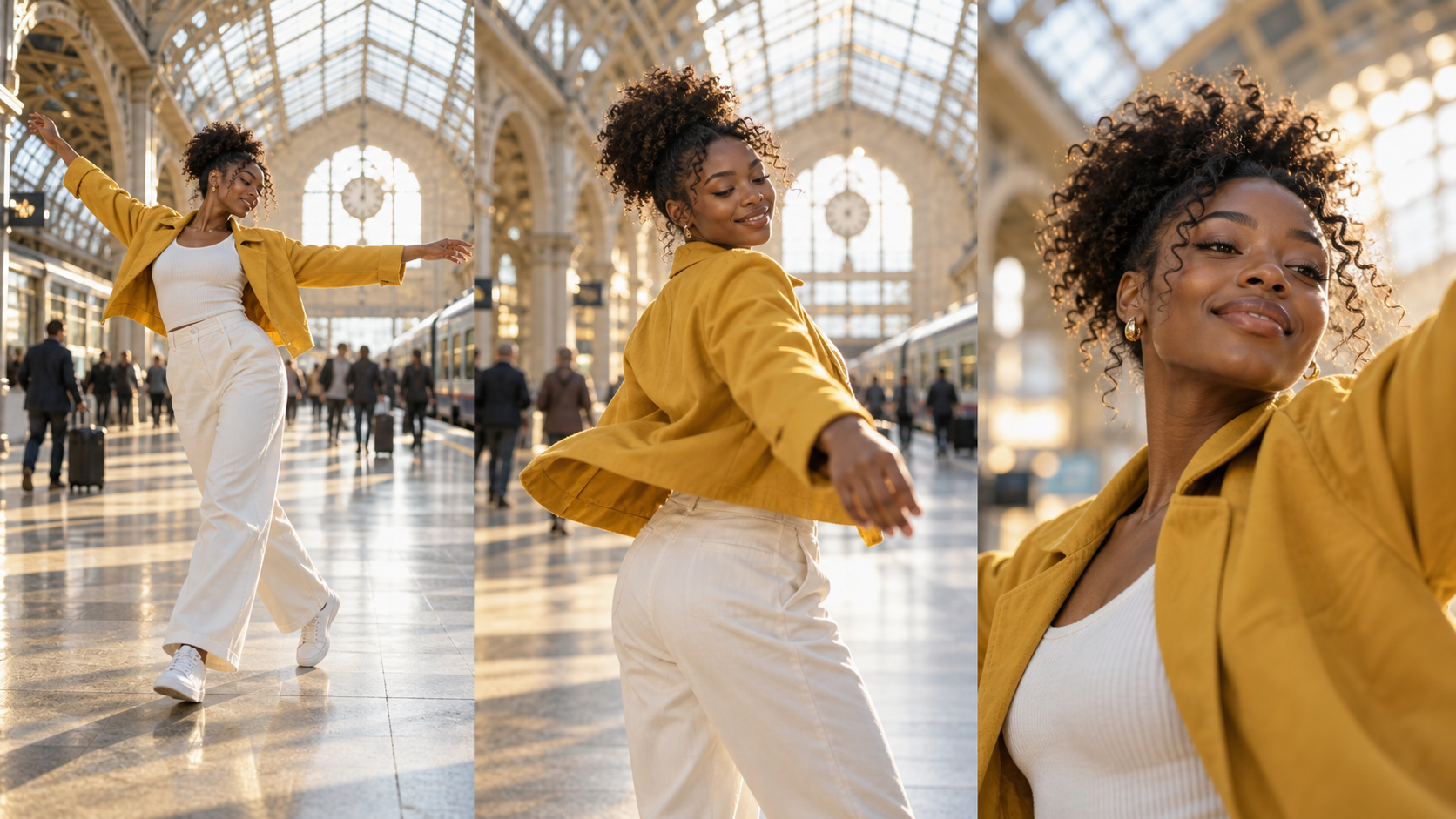One dancer preserved across wide, medium and close finished frames in the same sunlit station