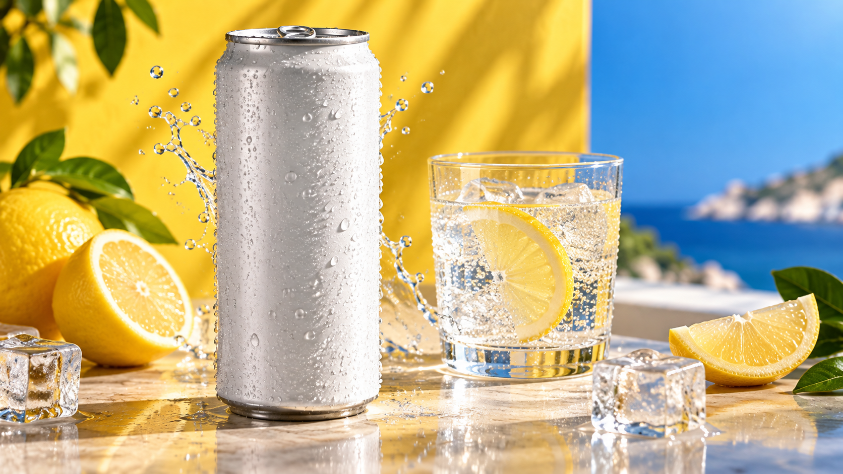A finished sparkling-water product commercial frame with precise packaging and natural condensation