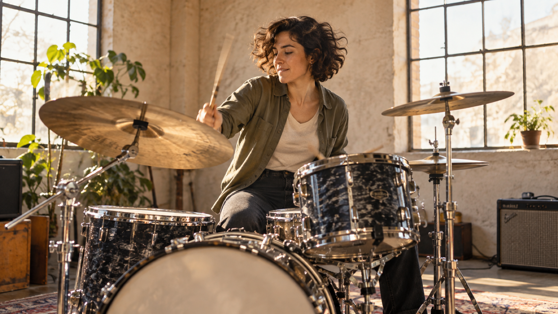 Un baterista actuando en un estudio de ensayo bien iluminado, con golpes visuales claros
