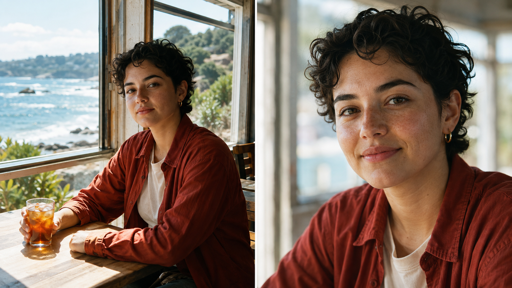 Dois retratos gerados de uma cafeteria mostrando a mesma mulher usando um sobretudo vermelho-oxidado, em enquadramentos médio e fechado
