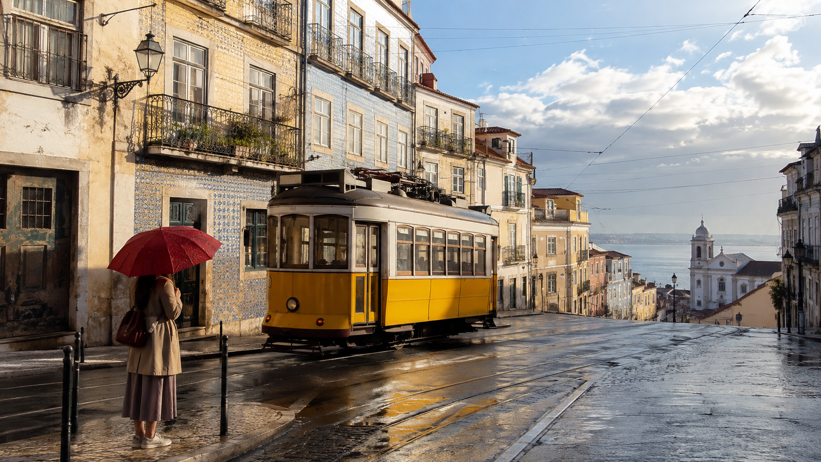 Quadro final gerado de um vídeo de viagem, com um bonde amarelo, um guarda-chuva vermelho e reflexos brilhantes em paralelepípedos molhados